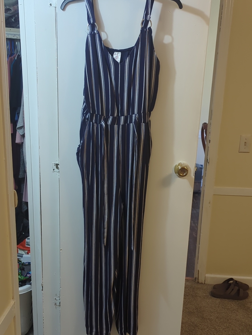 No Boundaries Striped Wide Leg Jumpsuit Blue & White XL